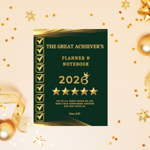 2026 Christian planner, Bible verse "Rom.8:37", Paperback green